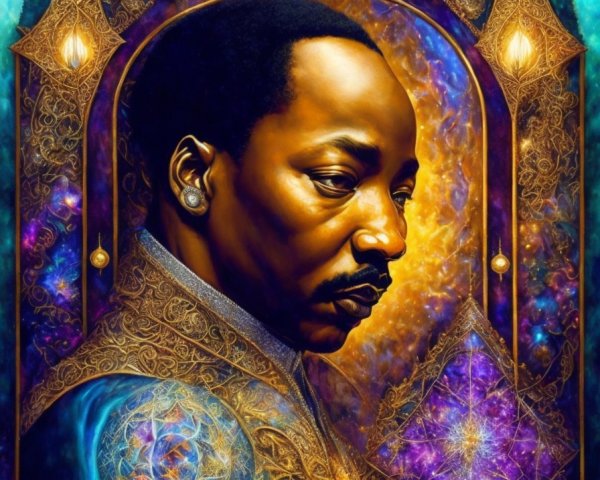 Regal Figure in Cosmic Patterns and Rich Hues
