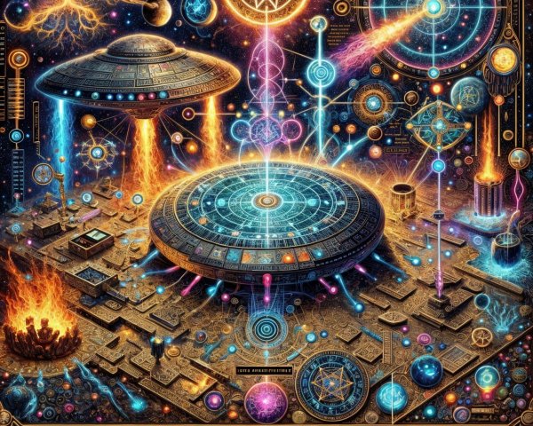 Vibrant Cosmic Scene with Geometric Patterns and Symbols