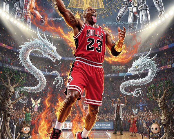 Levitating Figure in Bulls Uniform Surrounded by Fantasy Elements