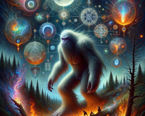 Mystical Landscape with Yeti and Cosmic Backdrop