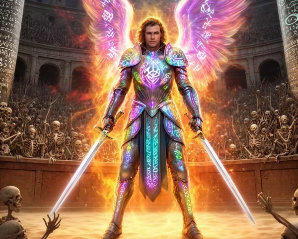 Armored Angel with Glowing Wings in Skeleton Arena