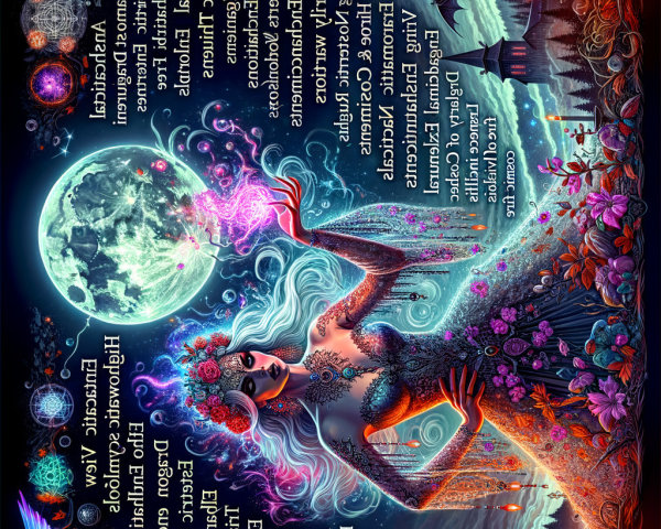 Mystical Scene with Celestial Motifs and Vibrant Colors