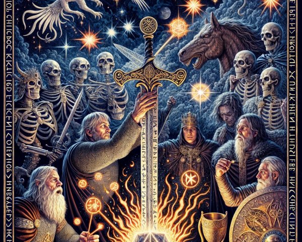 Ancient Figures Gather Around Glowing Sword in Crystal