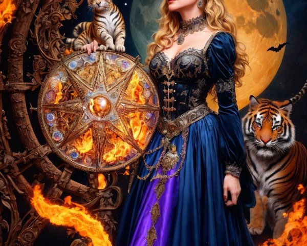 Majestic woman in blue gown with tigers and flames