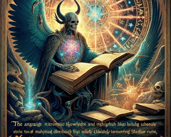 Majestic figure with dark wings and ancient book