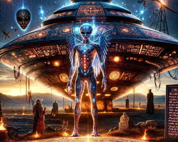 Surreal Alien Landscape with Geometric Patterns and Figures