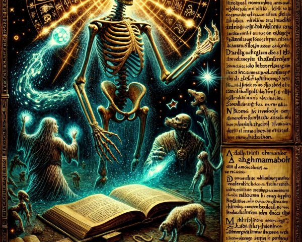 Glowing Skeleton Surrounded by Ethereal Figures and Symbols