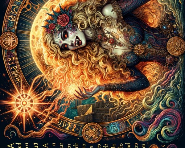 Mystical Woman with Golden Hair and Celestial Symbols