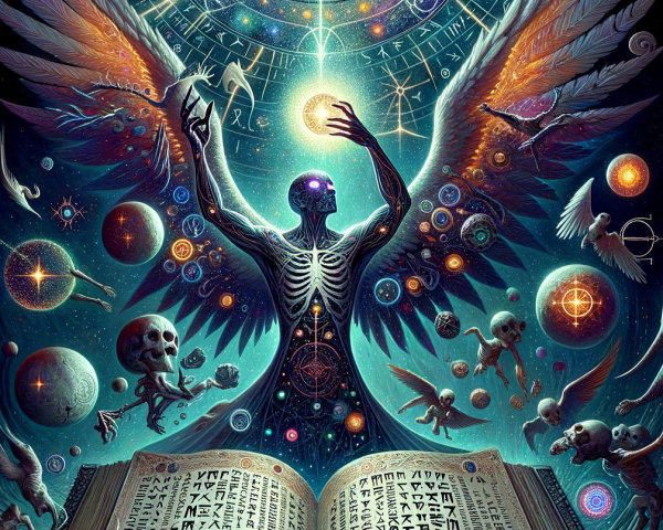 Skeletal Figure with Wings Over Ancient Book and Cosmos