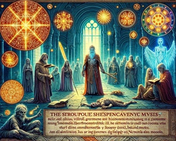 Gothic Hall with Mystical Symbols and Sorcerer Figure