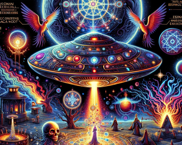 Futuristic Flying Saucer Over Mystical Ground Scene