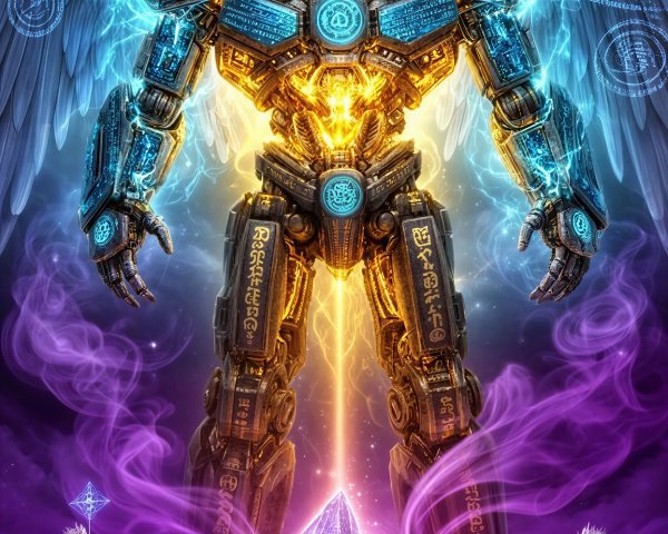 Illuminated Biomechanical Angel-Robot in Fantasy Scene