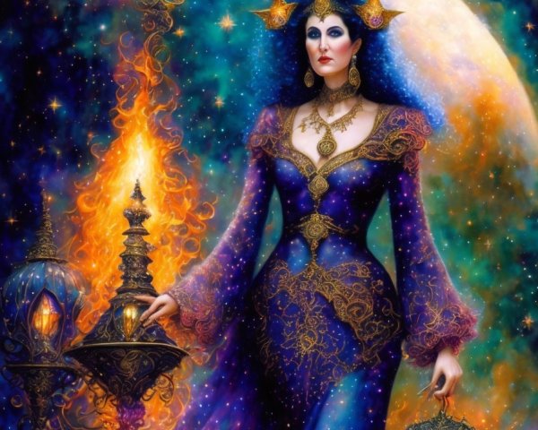 Mystical figure in cosmic setting with vibrant details
