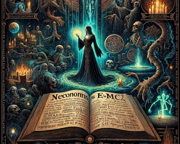 Mystical Scene with Necronomicon and Cosmic Elements