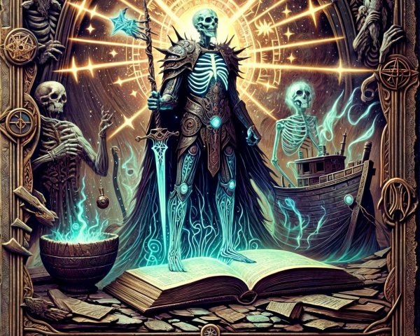Skeletal Figure in Armor Surrounded by Ethereal Flames