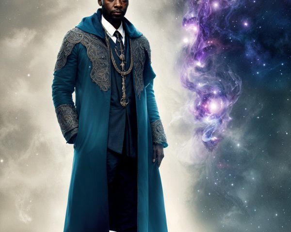 Regal Figure in Ornate Coat Against Cosmic Backdrop
