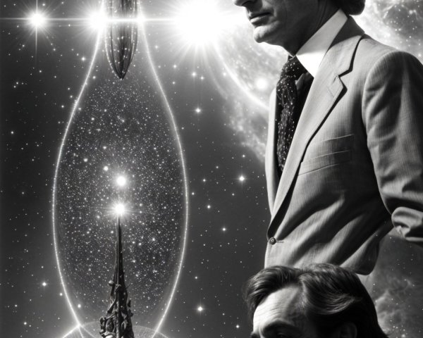 Man in Suit Against Cosmic Backdrop with Tower Structure