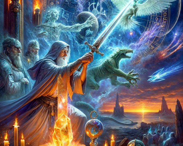 Mystical Wizard with Shining Sword and Celestial Imagery