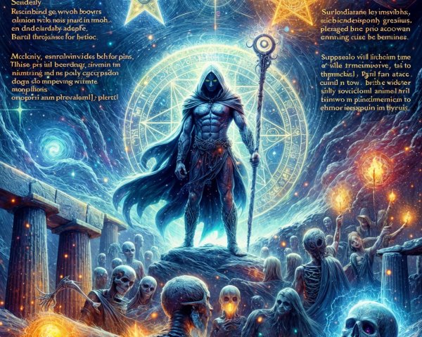 Mystical Scene with Hooded Figure and Celestial Symbols