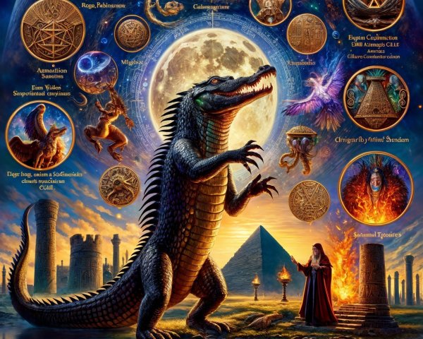 Colossal Lizard Creature by Tranquil Lake Under Cosmic Sky