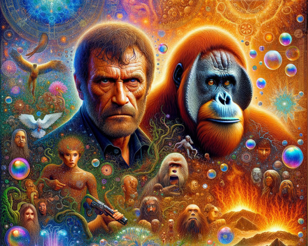 Surreal Artwork of Man and Gorilla in Cosmic Setting