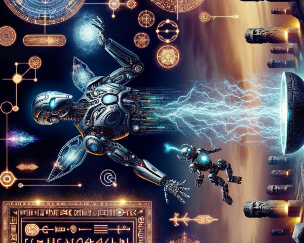 Futuristic robot with mystical symbols and stone structures