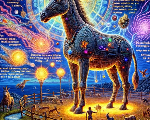 Robotic Horse in Cosmic Landscape with Grazing Animals