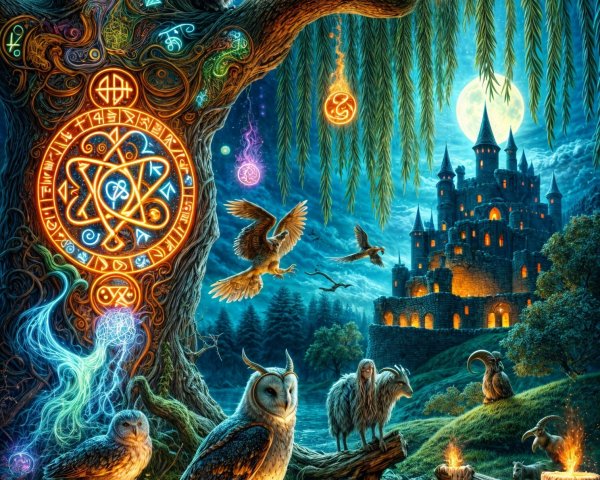 Mystical forest with glowing tree and serene pond