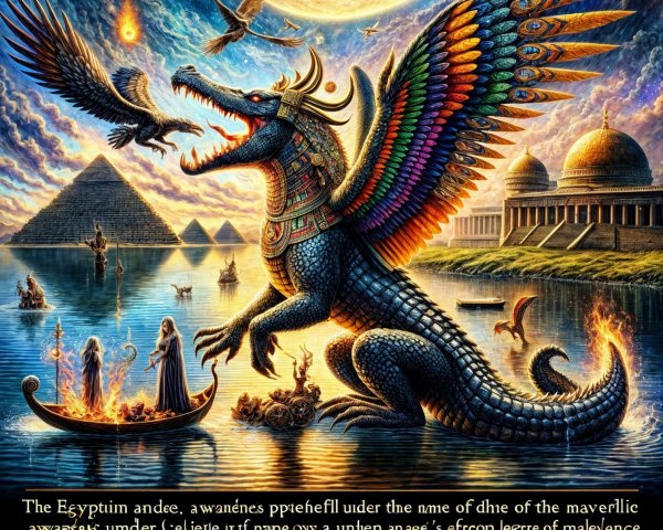 Mystical Scene with Winged Creature and Cosmic Backdrop