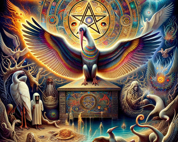 Surreal Vibrant Scene with Winged Creature and Symbols