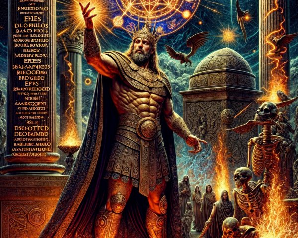 Cosmic Figure Surrounded by Fiery Remains and Columns