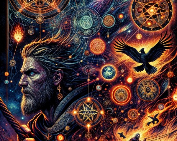 Mystical Scene with Cosmic Elements and Figures