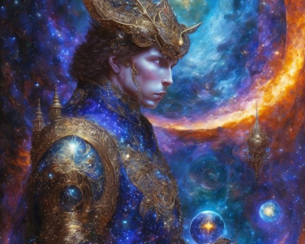 Regal Figure in Cosmic Backdrop with Glowing Orb