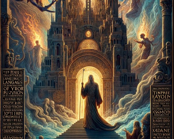 Majestic castle with cloaked figure in fantasy realm