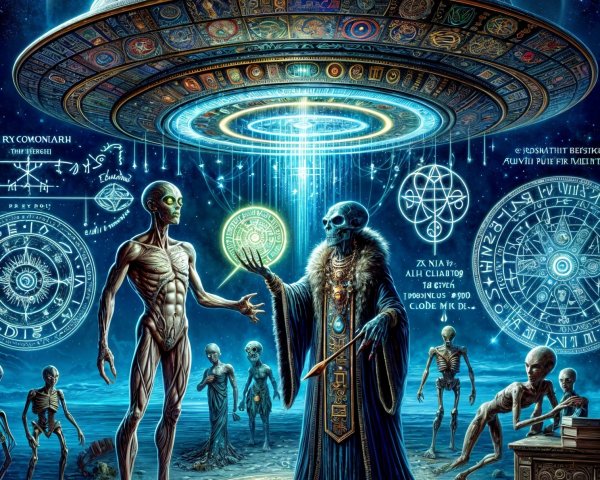 Alien Encounter Under Glowing Spaceship and Celestial Bodies