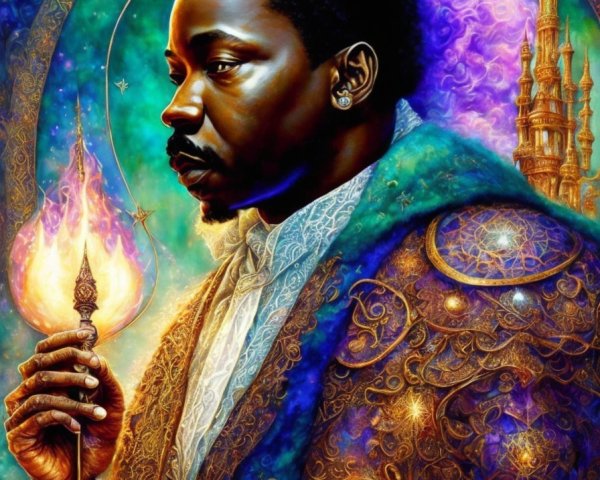 Regal figure with glowing flame and whimsical castle