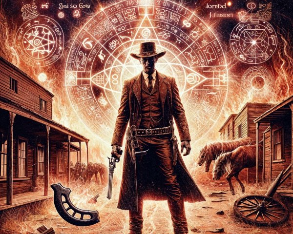 Unholy Cowboy in Burning Street with Occult Symbols