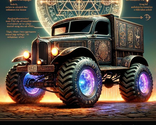 Mystical Truck with Golden Patterns and Cosmic Backdrop