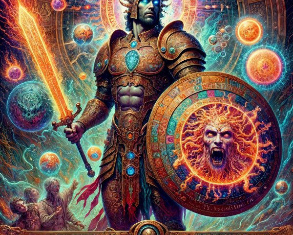 Heroic Warrior in Ornate Armor Against Cosmic Backdrop