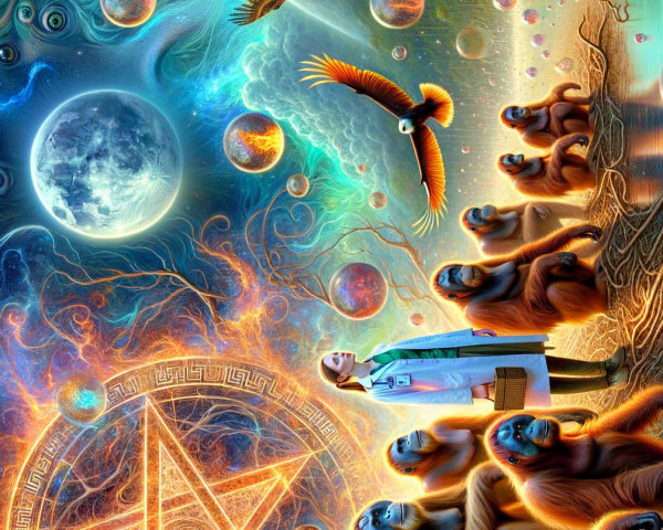 Surreal Scene of Nature and Cosmos with Vibrant Figures