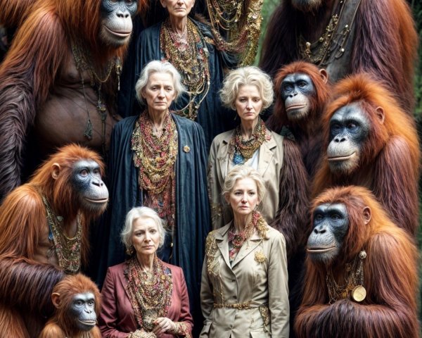 Elderly Women and Anthropomorphic Orangutans in Forest