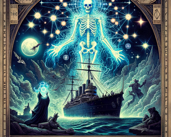 Glowing Skeletal Figure Over Ship in Mystical Scene