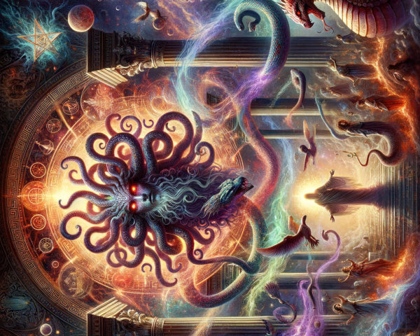 Vibrant Cosmic Scene with Mythical Creatures and Galaxies