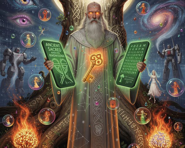 Old Man with Glowing Eyes and Sacred Tablets