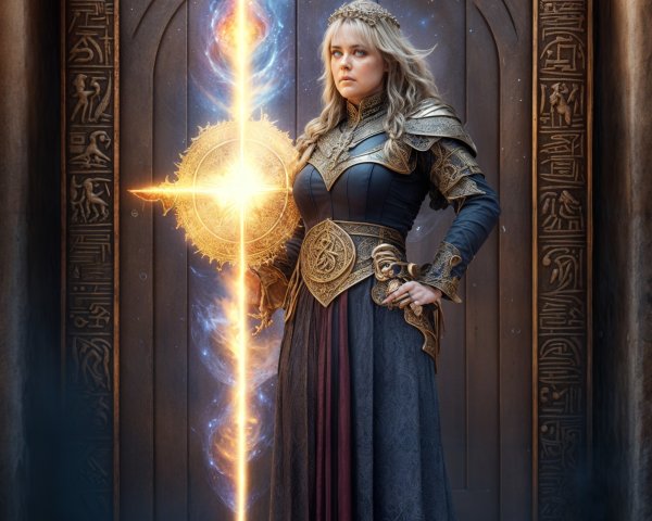 Sorceress in Armor Before Ancient Mystical Door