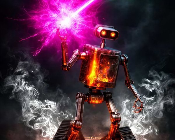 Robot with glowing chest and UFO in a night scene