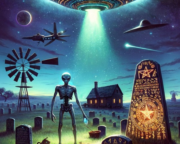 Graveyard Scene with UFO and Alien Figure