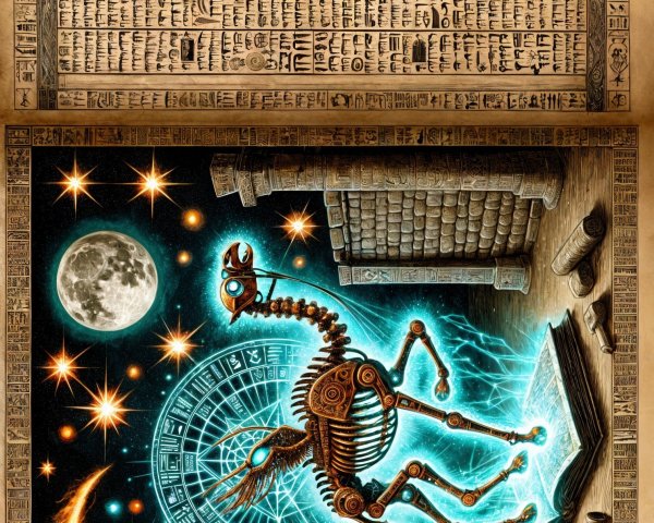 Ancient Text and Robotic Figure in Mystical Library