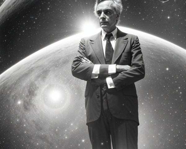 Contemplative Man in Suit Against Cosmic Backdrop