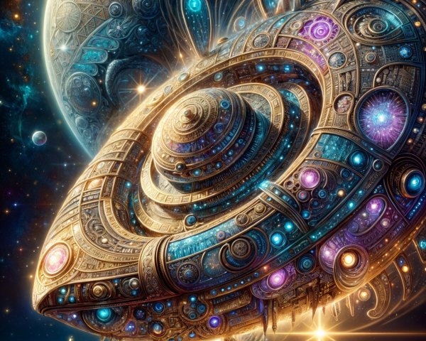 Futuristic spacecraft above a shimmering ocean backdrop